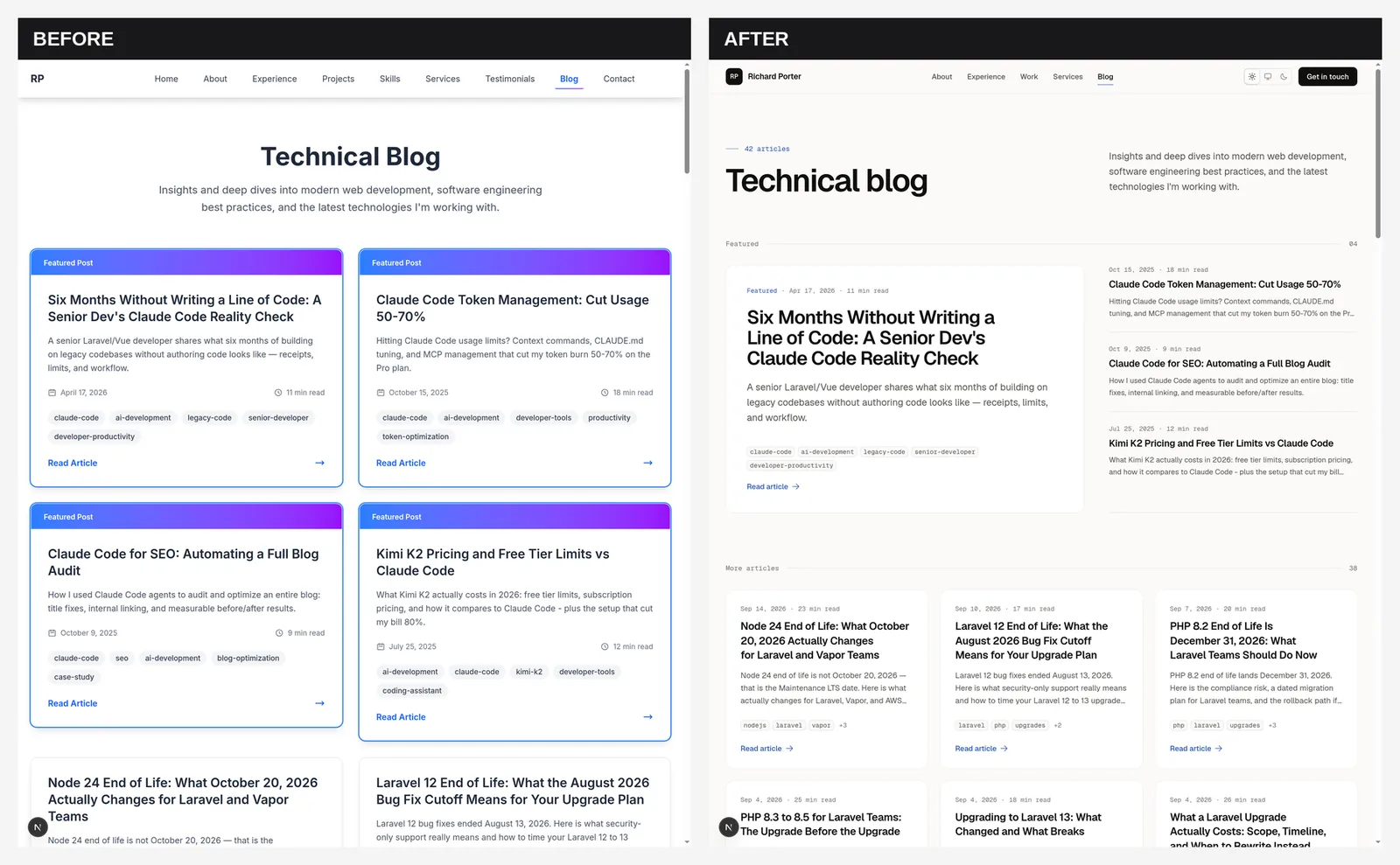 Blog listing before and after the redesign: the old grid of purple-gradient featured cards on the left, the new layout with one featured post, a side list, and an aligned card grid on the right