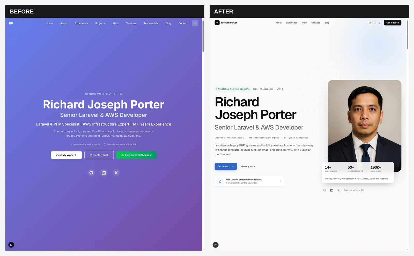 Homepage before and after the redesign: the old centered purple-gradient hero on the left, the new graphite and cobalt two-column hero with a headshot and stat cards on the right