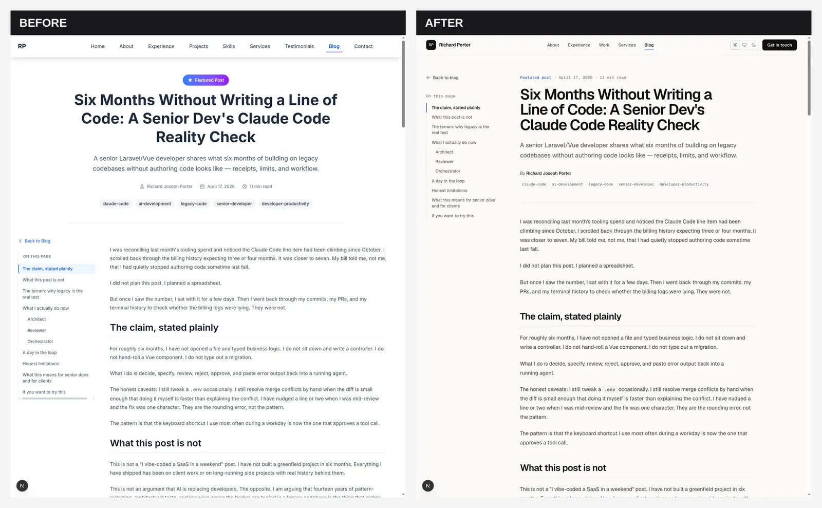 Blog post page before and after the redesign: the old centered header with a gradient Featured Post badge on the left, the new left-aligned reading column beside a table of contents on the right